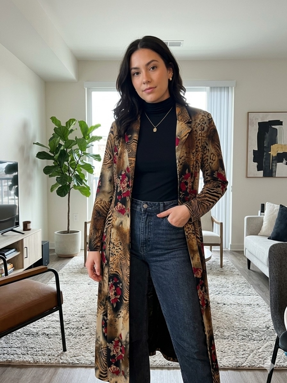 Vintage Long Floral Leopard Print Women's Pea Coat - Black / Brown